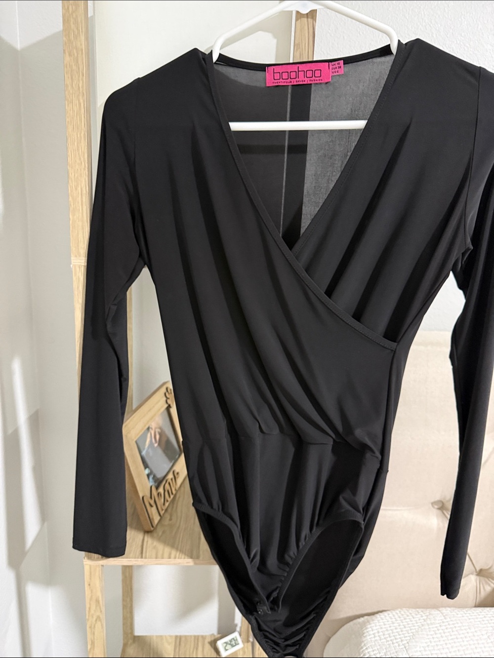 Boohoo Black Long Sleeve Wrap-Front Bodysuit